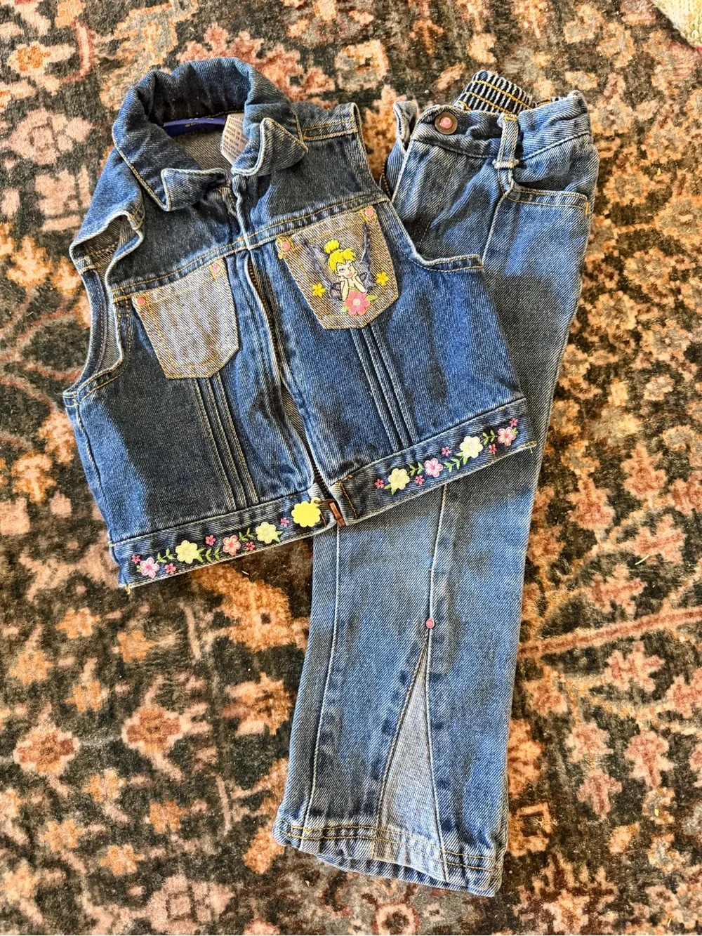 Y2K vintage Disney Girls' Blue Denim Vest, Boot Cut Jeans with Floral Embroidery